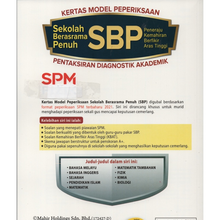 Kertas Model Peperiksaan Sekolah Berasrama Penuh Sbp Matematik Tambahan Spm 2021 Shopee Malaysia