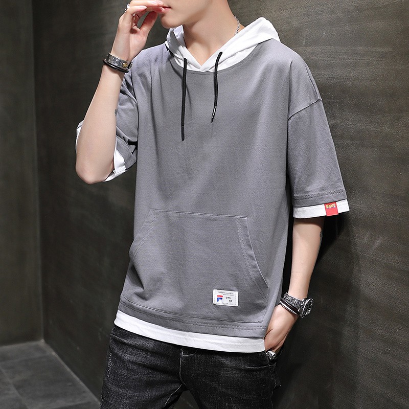 Short sleeve drop shoulder Loose Hoodie Cotton Plain Hoodies Men ...