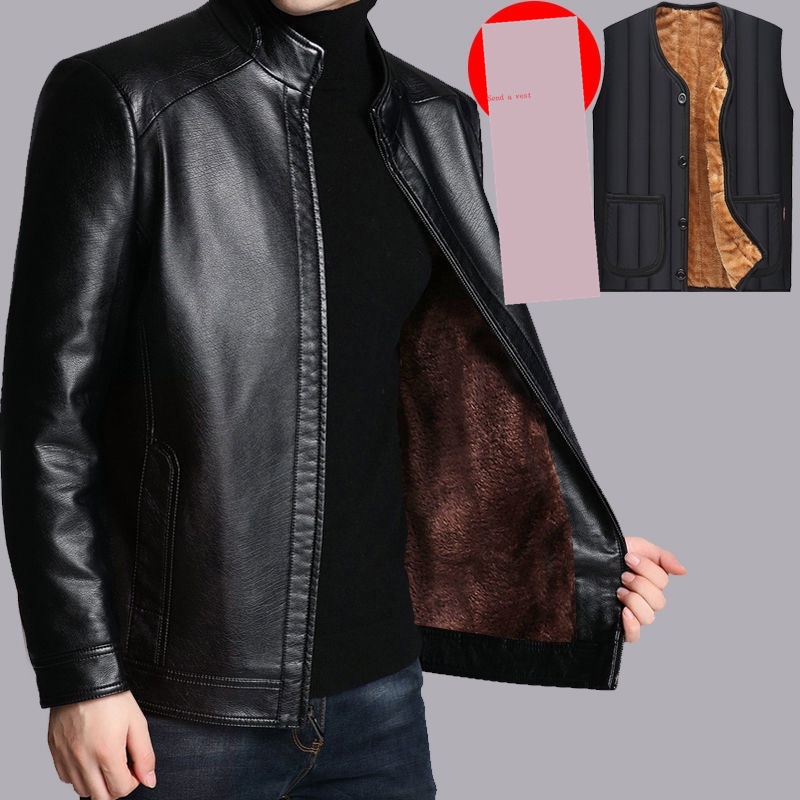 Ayah Jaket Kulit Lelaki Pertengahan Umur Ditambah Kot Tebal Baldu/Dad Middle-Aged Men Leather Jacket Plus Velvet Thick Coat