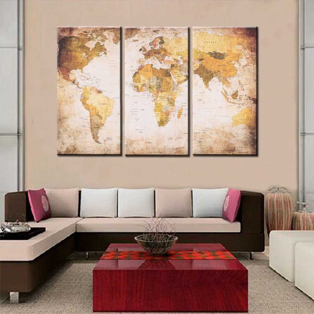 3 Panel World Map Hd Printed 3-Panel Frameless World Map Canvas Painting Wall Art Pictures  Decor | Shopee Malaysia