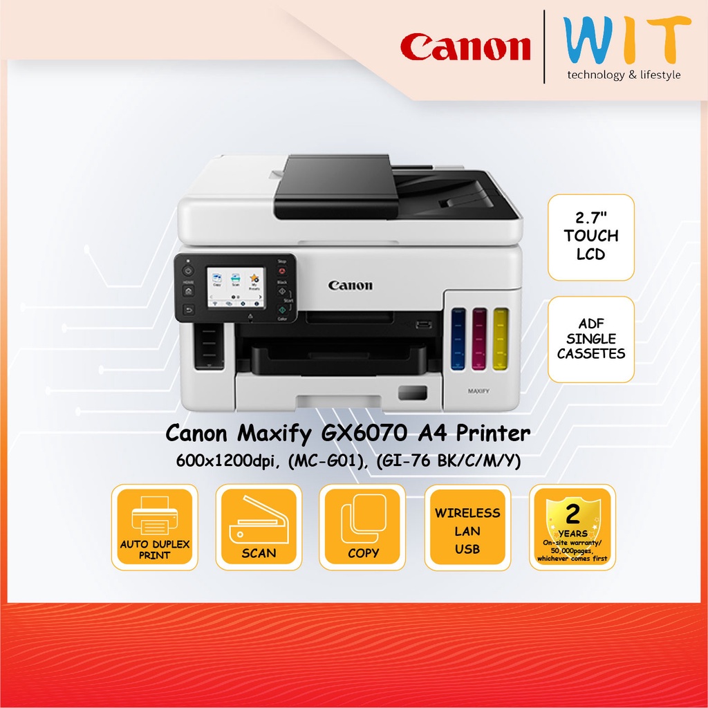 Canon Maxify GX6070 A4 Ink Tank Printer(Auto Duplex Print, Scan, Copy)/600x1200dpi/2.7