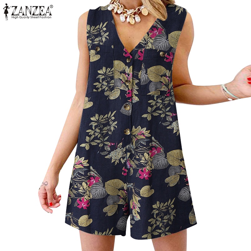 ZANZEA Women Button Down Front V-Neck Sleeveless Loose Printing Short Jumpsuit