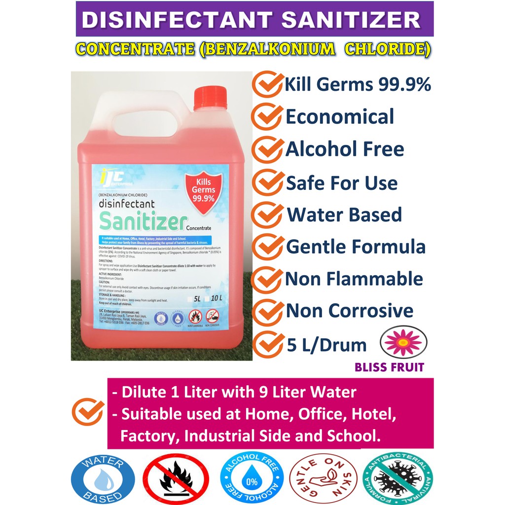Disinfectant Sanitizer Concentrate 5l Benzalkonium Chloride For Mist Spray Gun Misting Machine Non Alcohol Sds Report