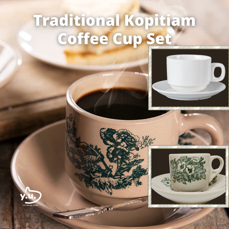 YU Ready Stock Kopitiam Cup & Saucer Set / Traditional Floral Green Flower Kopi Cup & Saucer / Set Cawan / White / Putih