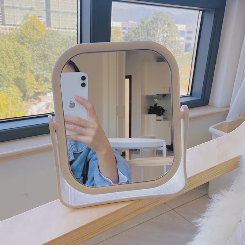Ins Style Double Sided Mirror Table Desktop Mirror Make Up Mirror Rectangle Beige Small