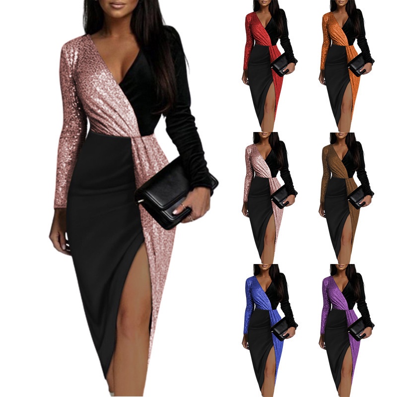 Women's Dress Color Matching High Waist Temperament Commuter Long-Sleeved Waisted Shining Crystal