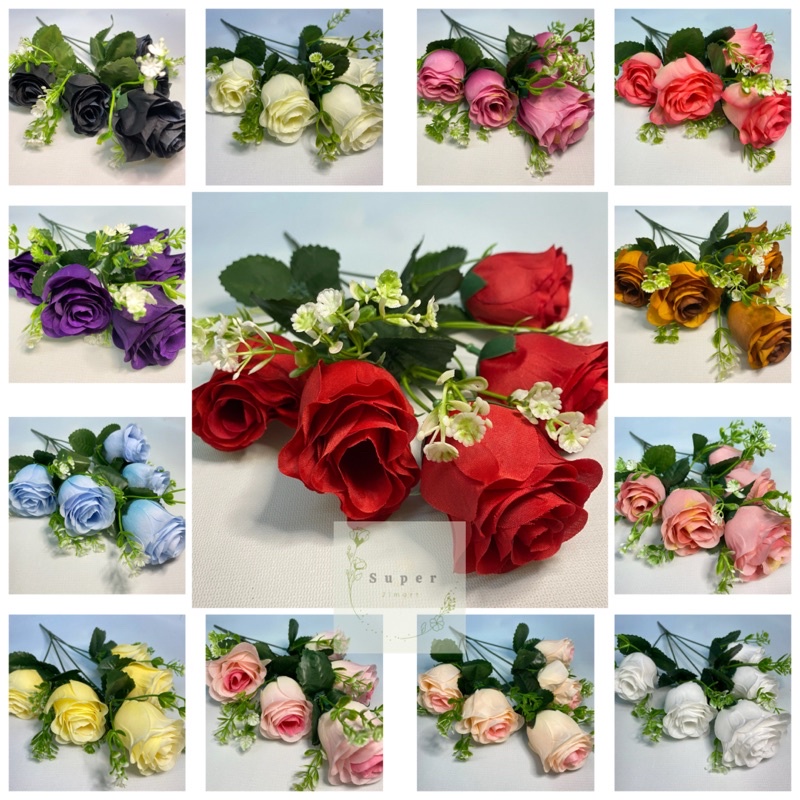 Bunga Rose Hiasan x 5 Kuntum / Artificial Flower / Flower Rose / Artificial Rose Bud / 5 Heads Rose / Rose Kuncup