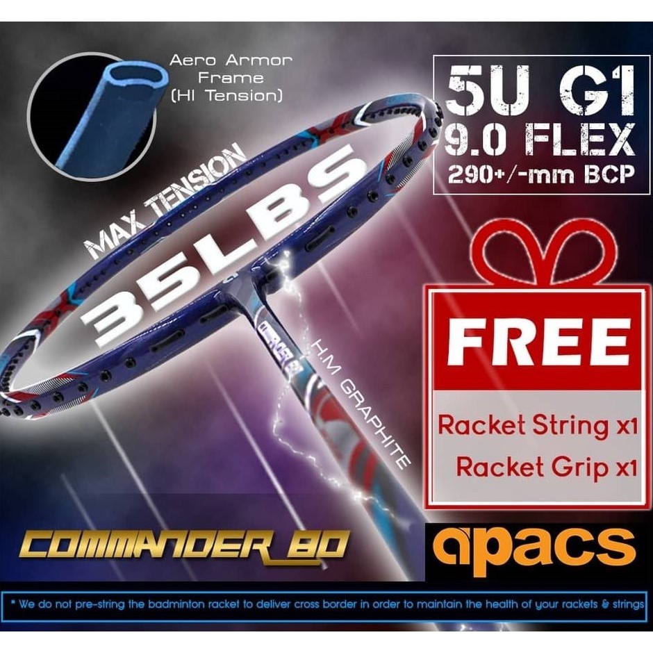 Apacs Commander 10 5UG1 Badminton Racket 35lbs Free Grip String 