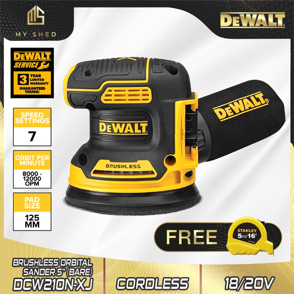 DEWALT DCW210NXJ BL 125mm Brushless Cordless Orbital Sander 18V/20V