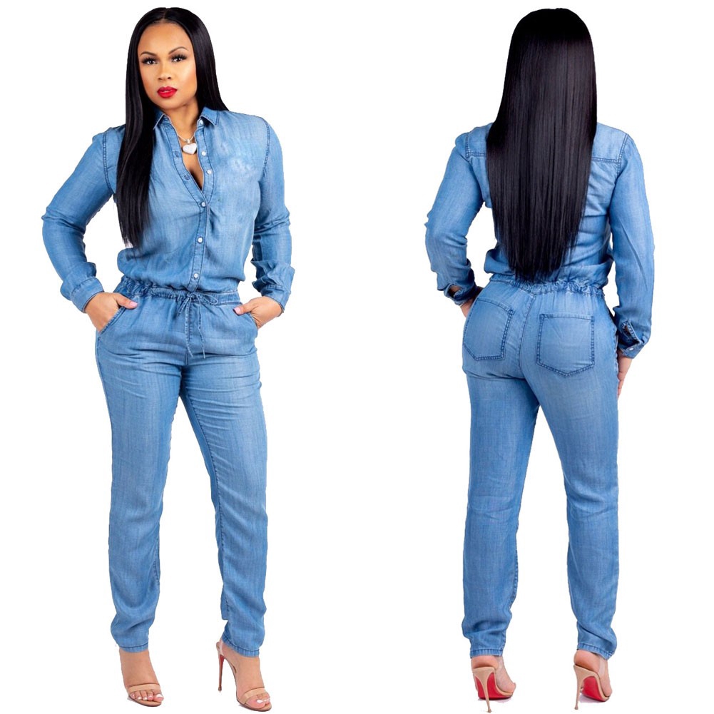 denim long sleeve jumpsuit