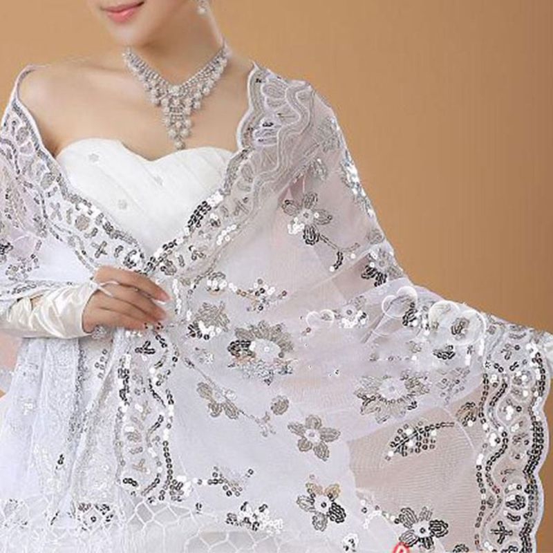 FLGO* New Bride Wedding Dress Shawl White Lace Embroidered Sequins Long Shawls