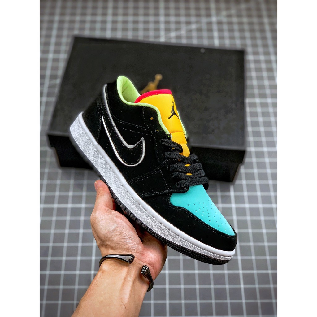 Nike Air Jordan 1 Low Black Yellow Turquoise Mens Sports Basketball Shoes Shopee Malaysia