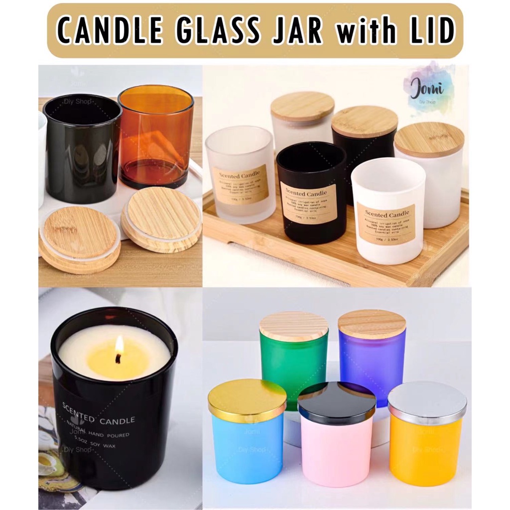 Ready StockEMPTY Colourful Luxury Candle Glass Jar With Lid Bekas Lilin Kaca bamboo wood black grey gold lid cover