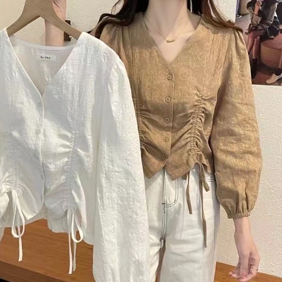 Korean Style Women Ladies Loose V Neck Drawstring Long Sleeve Shirt Blouse Baju Baju Wanita Lengan Panjang New Ready Stock