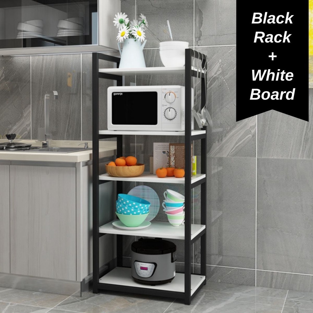 5 Tier Multipurpose Kitchen Shelf Multi-Layer Storage Rack Organizer Microwave Oven Cookware White Black Rak Dapur