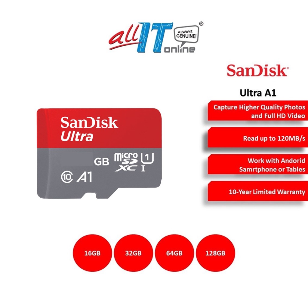 SanDisk Ultra A1 Class 10 Micro SD Memory Card 32GB/64GB/128GB (98MB