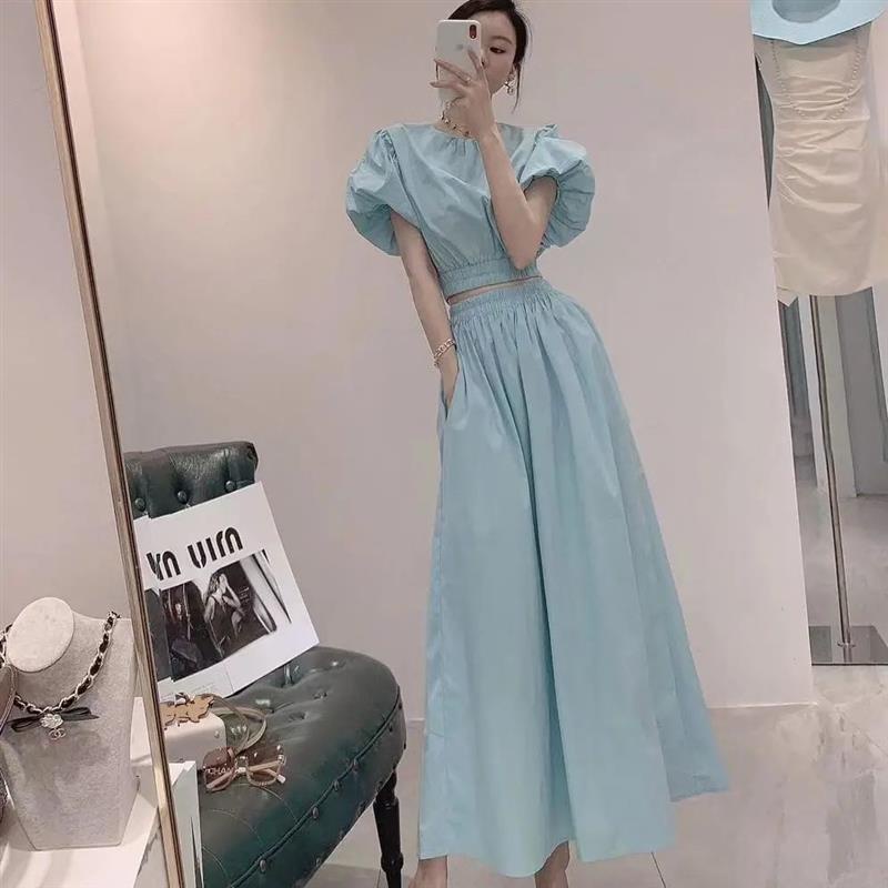 One-piece Western-style age-reducing two-piece skirt women's puff-sleeve tops are trendy suits Single suit Western-style age-reducing two-piece skirts women's bubble sleeve tops are trendy suits