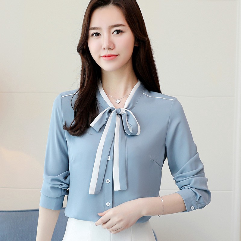 Shesmile Long Sleeve Chiffon Elegant White Blue Office Shirt Women Fall ...