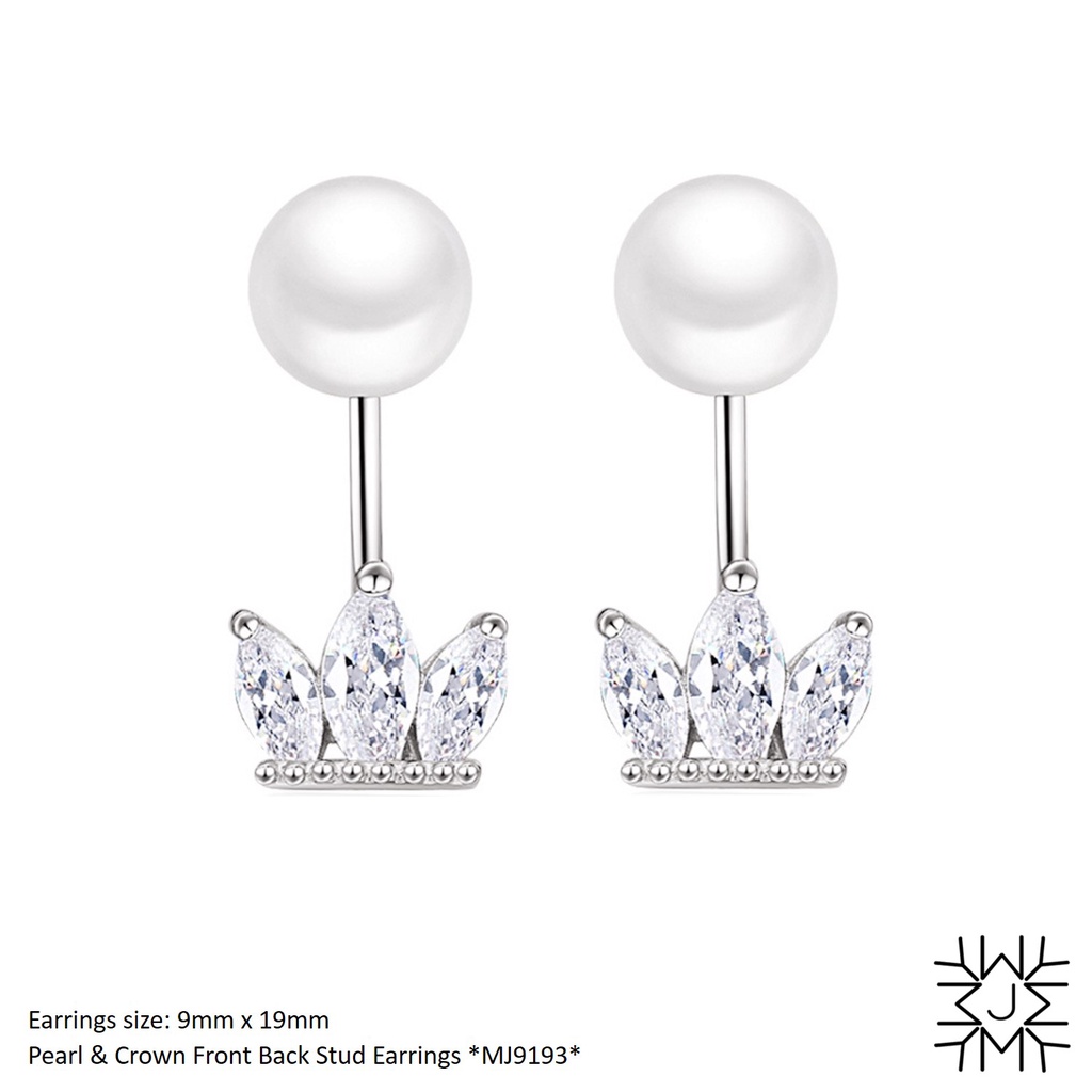 MY JEWEL 18K White Gold Plated Pearl & Crown Front Back Stud Earrings with Diamond Simulants CZ