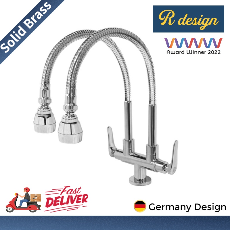 R DESIGN DOUBLE FLEXIBLE HOSE BASIN SINK TAP BRASS BODY STAINLESS STEEL SPOUT KITCHEN SINK TAP