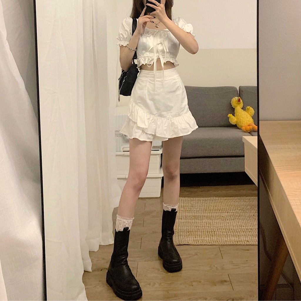 Korean INS niche design puff sleeves short strappy top + double-layer ruffled high-waist skirt