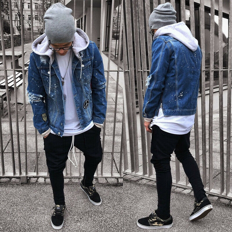 jean jacket and hoodie