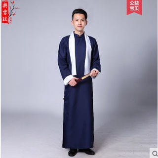 Chinese Men Ancient Mandarin Robe Long Gown Ip Man Costume Stage Dress With Hat 