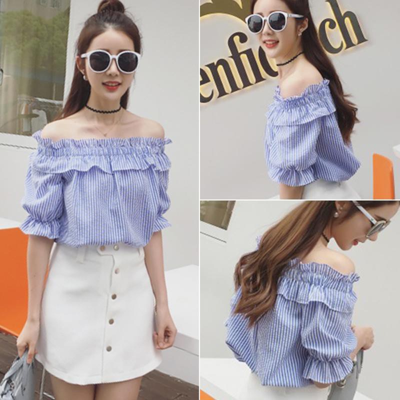 Newkorean Women Stripes Off Shoulder Blouse Tops Shopee Malaysia