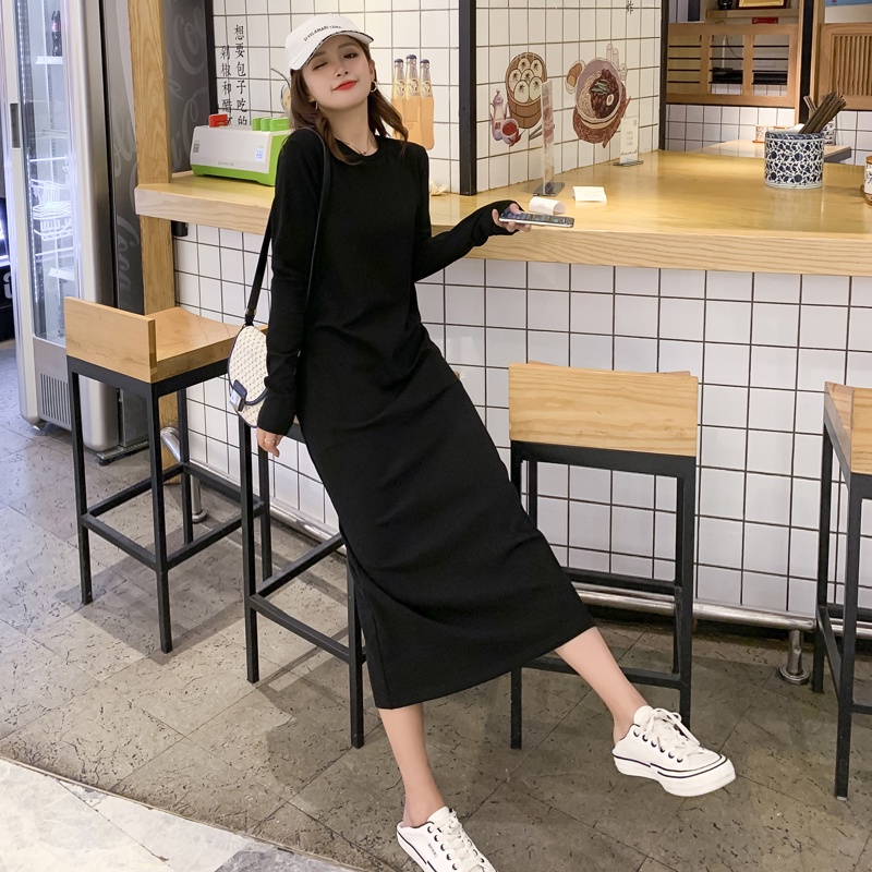 Women Slim Fit Solid Color Long Sleeve Long Dress Muslim Dress Casual Ladies Black Dress