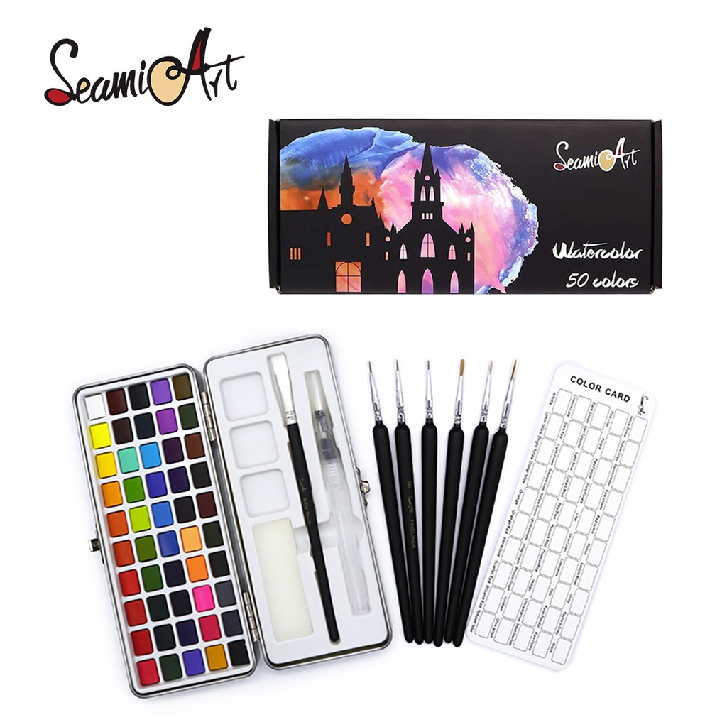 SeamiArt 50 Colors Solid Watercolor Gift Set with Detail Painting Brush