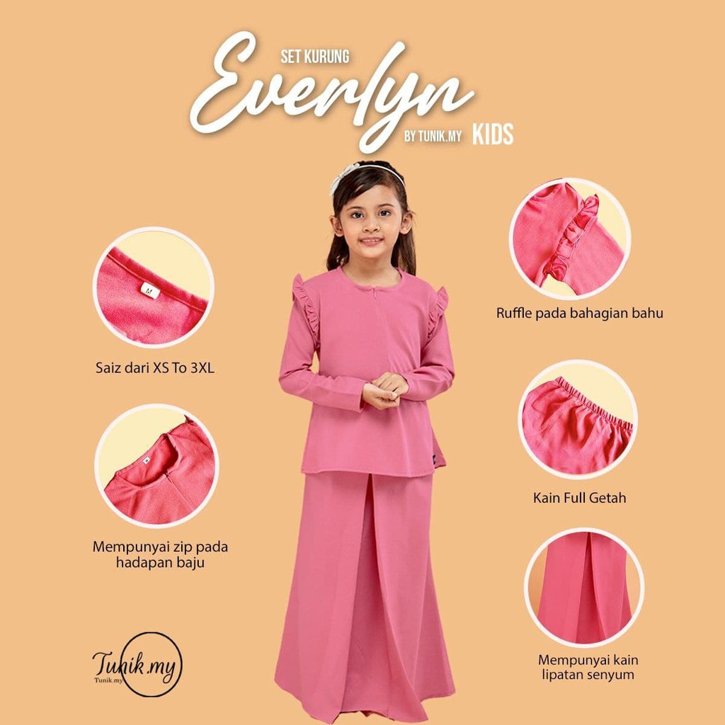 KURUNG EVERLYN KIDS  TUNIK.MY  KAIN PLEATED KEMBANG  PLAIN 