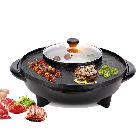 [[HADIAH PERCUMA Kuali Pemanggang BBQ Korea Elektrik dengan Kuali Penggorengan Periuk Panas BBQ Shabu Shabu Steamboat