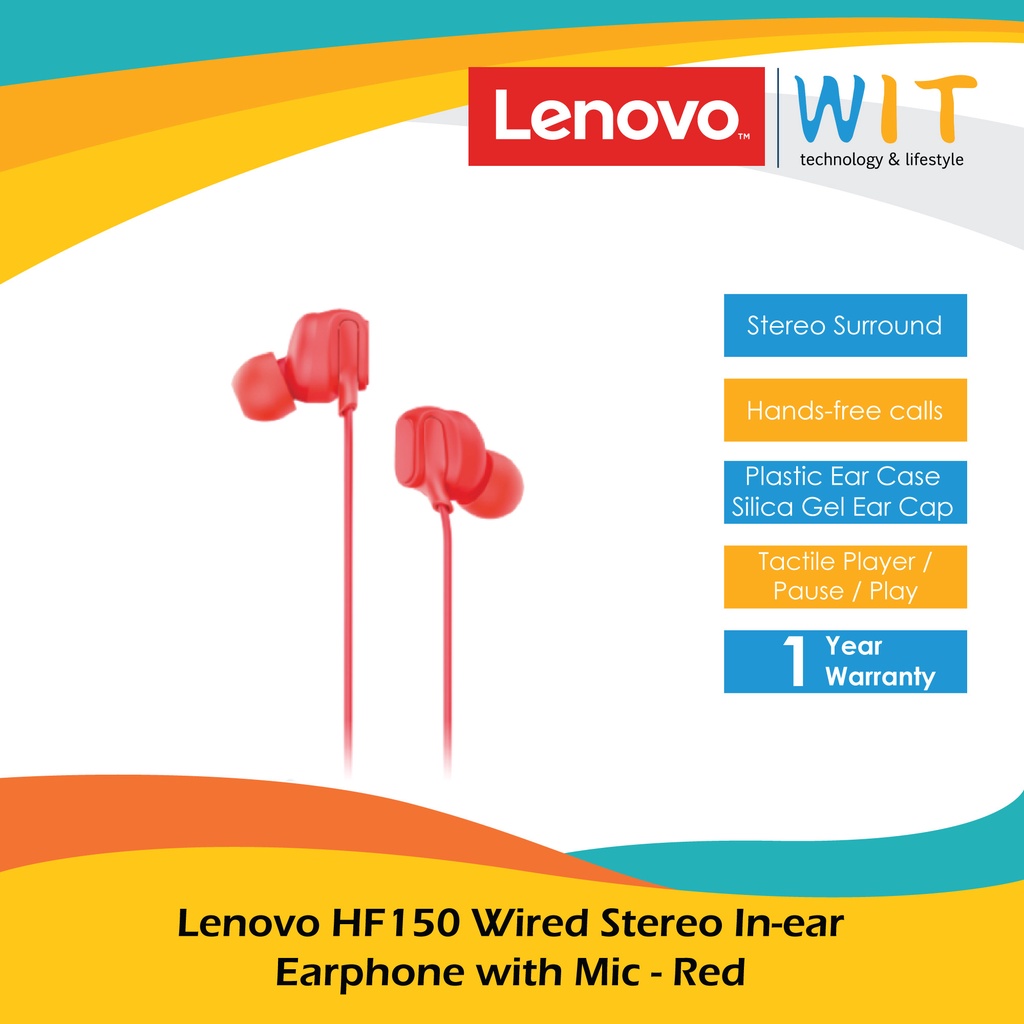 Lenovo HF150 Wired Stereo In-ear Earphone with Mic - Black/White/Red