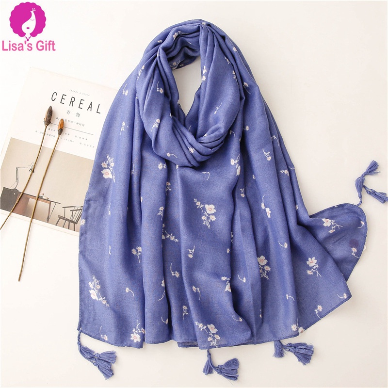 ❉Summer flowy shawl blue floral printed wide shawl muslim fashion headwrap lady bawal viscose tassel scarf