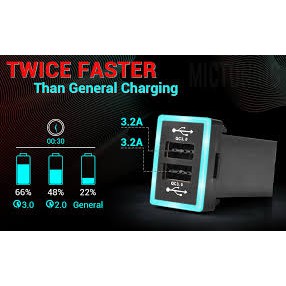 Plug &amp; Play Smart Quick Charging 6.4A Dual USB Charger Power Socket with Blue LED For Toyota