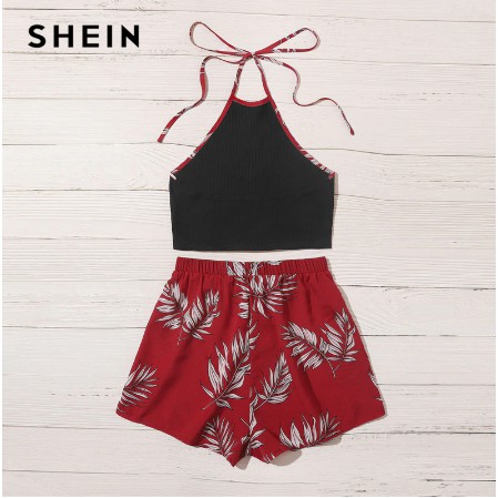 SheIn Womens Boho 2 Pieces V Neck Lace Crop Top and Striped Shorts Outfits 