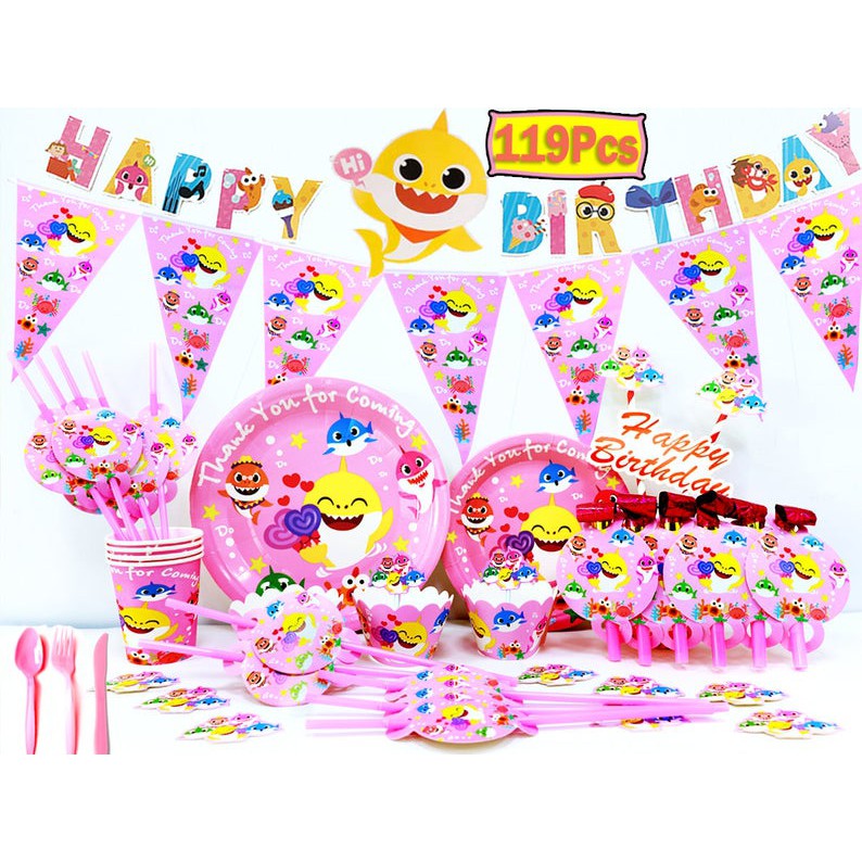 Baby Shark Party Supplies Set Baby Shark Themed Birthday Decorations Includes Cakecups Cake Toppers Straws Plates And Shopee Malaysia