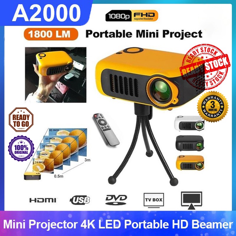 IN Stock🔥 A2000 Projector 4K Mini Projector 1920*1080 Resolution WIFI Android LED Portable HD Projector for Home office