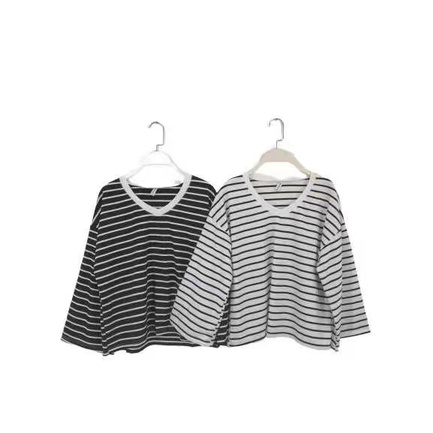 Lazabella Fashion Korean V-Neck Striped Casual Loose Top-LZ111