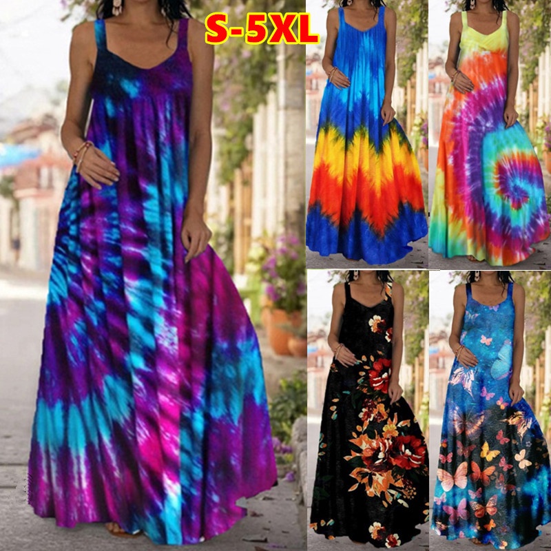 Women Summer Tie-dye 3D Printed Maxies Dress Bohemian Off The Shoulder ...