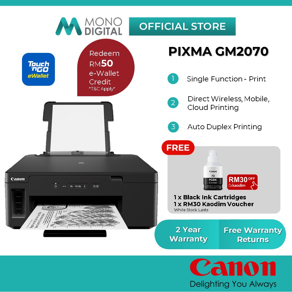 Canon Pixma GM2070 Wireless Low Cost Cartridges Ink Tank Office Use Monochrome Wifi Printer[Free TnG RM50]