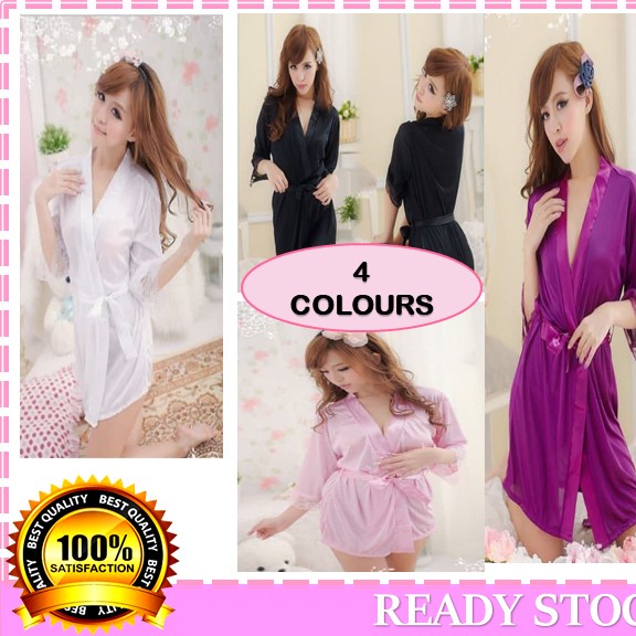 ❤️Ready Stock❤️ Silk Kimono Robe Nightdress Lingerie Pajamas Baju Tidur Wanita Sleepwear G-string with 4 Colours R01