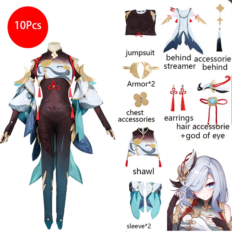 2022 New Genshin Impact Shenhe Cosplay Costume Set Women Sexy Bodysuit