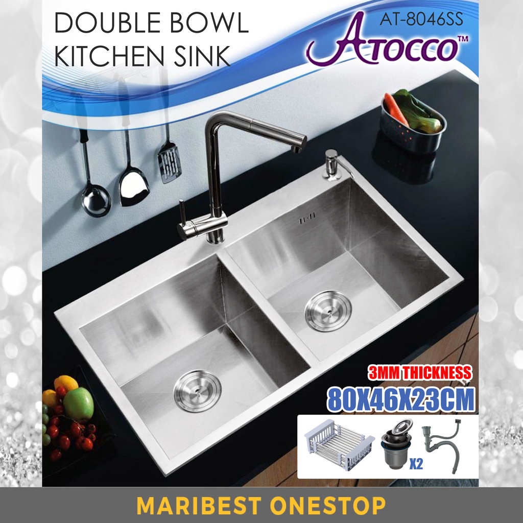 AT-8046SS Stainless Steel Double Bowl Kitchen Sink Sinki Dapur Nano Silver Satin Undermount TopMount Basin Dapur 厨房水盆洗菜盆