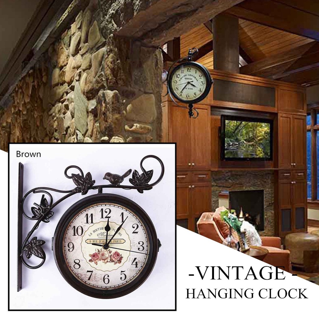 Brown Vintage Double Sided Metal Iron Frame Glass Wall Clock Station