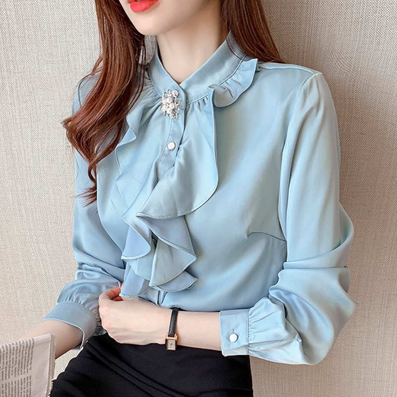 3XL Plus size clothing Elegant White Satin Chiffon shirt New fashion Womens tops and blouses Ruffles Office aldy blouse