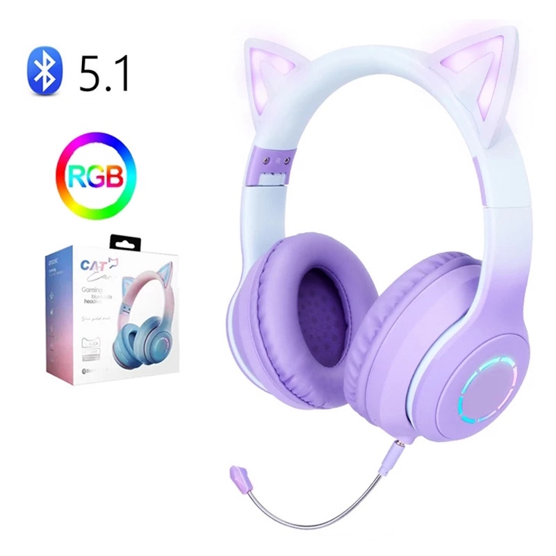 Pink Wireless Headphones Cat Ear with Mic Gamer Girl Kids Control RGB Light casco Blue-tooth Headset for Phone Computer Gaming