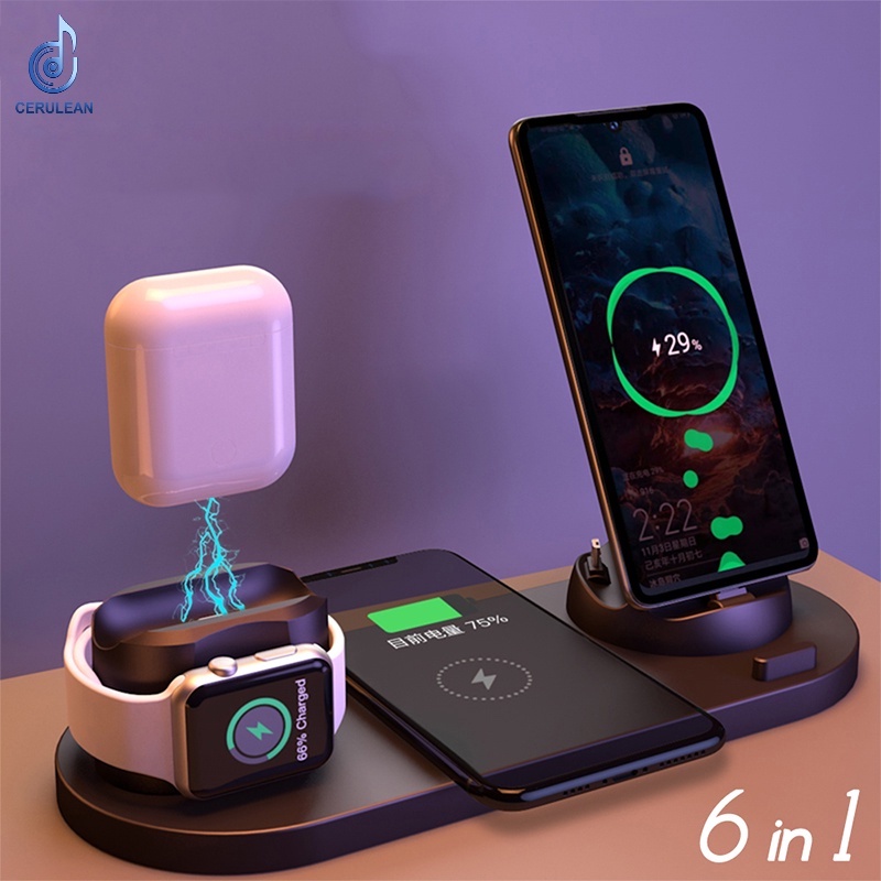 6-in-1 wireless charger for Apple Watch headset iPhone 12 11 X XS XR 8 Airpods fast charging dock