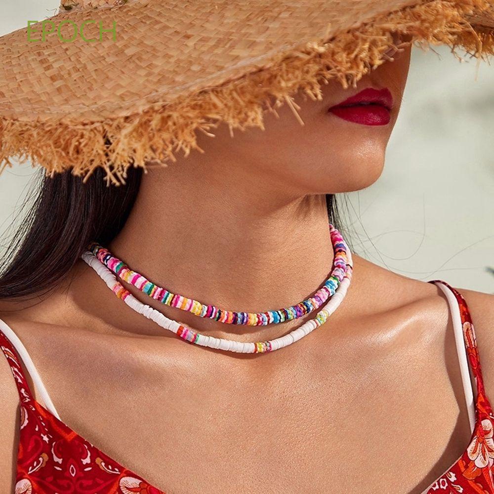 EPOCH Creative Bohemian Necklace Personality Beads Collar Beach Clavicle Chain Women Aolly Colorful Surfer Necklace Sweet Ethnic Soft Pottery/Multicolor