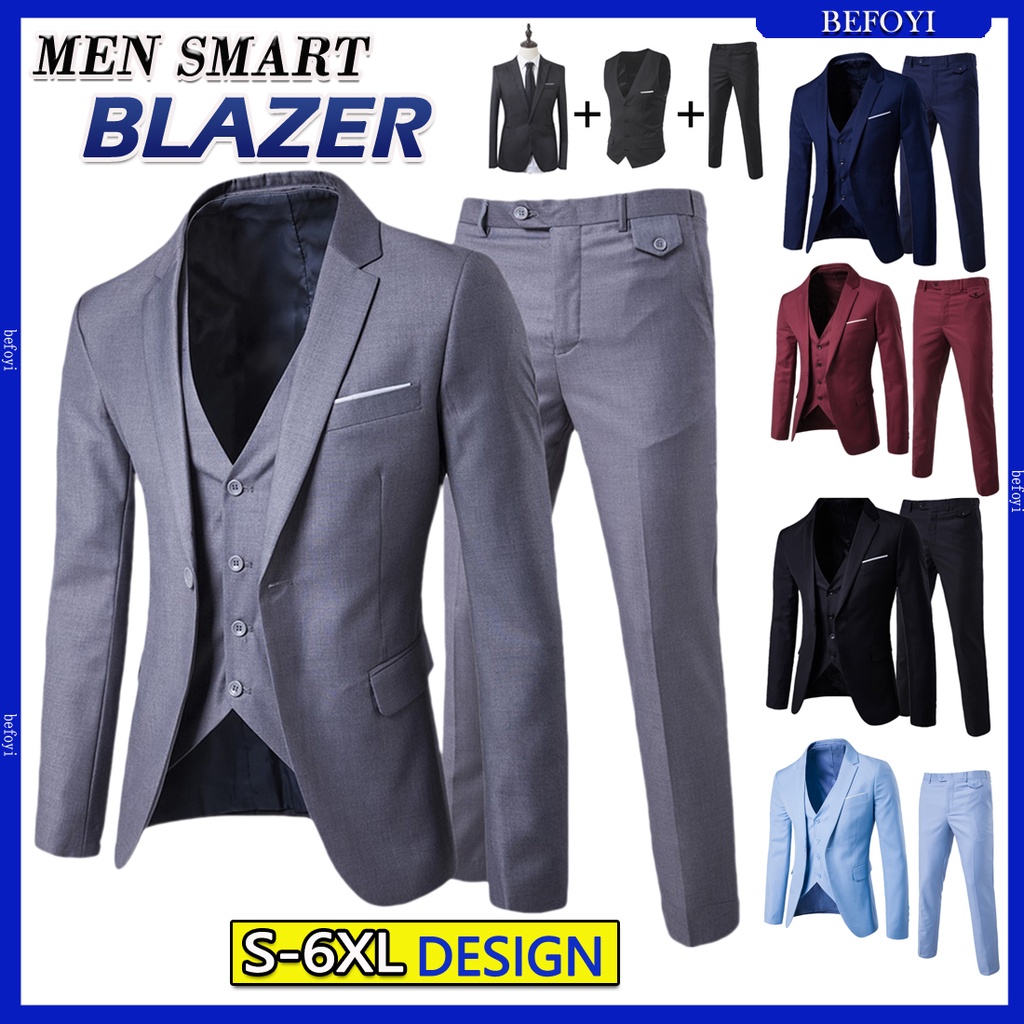 Local Stock 3 Piece Suit Men Blazer Lelaki Set Baju Tuxedo Slim Fit Blazzer Man Formal Business Wedding Korean Office Coat KotPlus Size